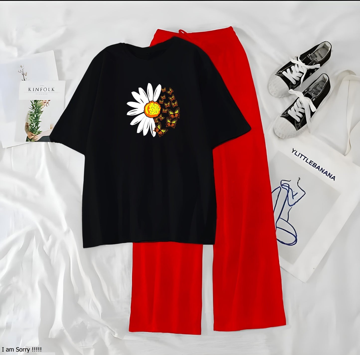 Women’s Graphic Print T-Shirt & Wide Leg Palazzo Lounge Set – Soft Casual Co-Ord Nightwear