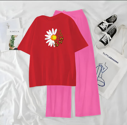 Women’s Graphic Print T-Shirt & Wide Leg Palazzo Lounge Set – Soft Casual Co-Ord Nightwear