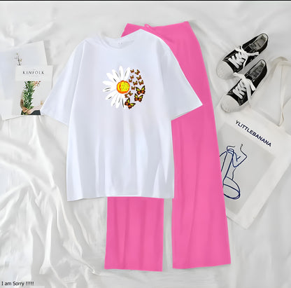 Women’s Graphic Print T-Shirt & Wide Leg Palazzo Lounge Set – Soft Casual Co-Ord Nightwear