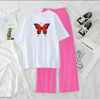 Women’s Graphic Print T-Shirt & Wide Leg Palazzo Lounge Set – Soft Casual Co-Ord Nightwea