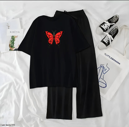 Women’s Graphic Print T-Shirt & Wide Leg Palazzo Lounge Set – Soft Casual Co-Ord Nightwea