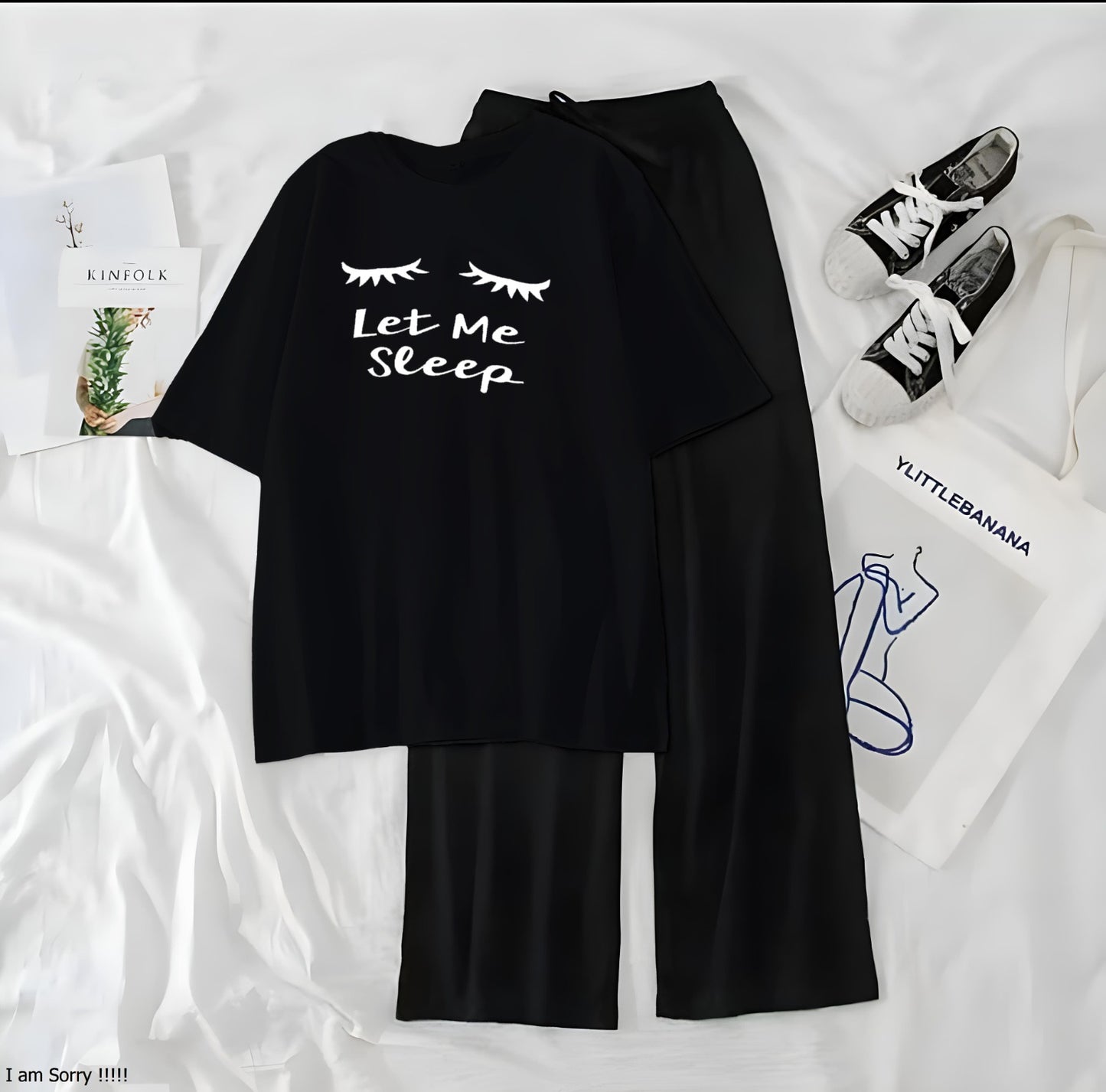 Women’s Graphic Print T-Shirt &amp; Wide Leg Palazzo Lounge Set – Soft Casual Co-Ord Nightwear