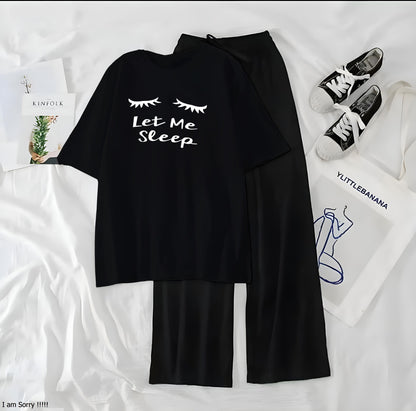 Women’s Graphic Print T-Shirt &amp; Wide Leg Palazzo Lounge Set – Soft Casual Co-Ord Nightwear