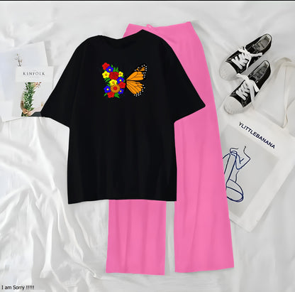 Women’s Graphic Print T-Shirt &amp; Wide Leg Palazzo Lounge Set – Soft Casual Co-Ord Nightwear
