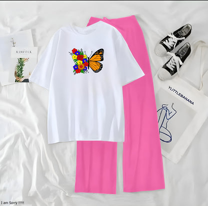 Women’s Graphic Print T-Shirt &amp; Wide Leg Palazzo Lounge Set – Soft Casual Co-Ord Nightwear