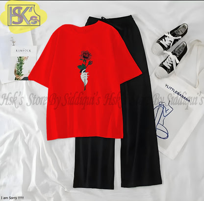 Women’s Graphic Print T-Shirt &amp; Wide Leg Palazzo Lounge Set – Soft Casual Co-Ord Nightwear