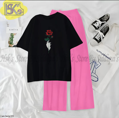 Women’s Graphic Print T-Shirt &amp; Wide Leg Palazzo Lounge Set – Soft Casual Co-Ord Nightwear