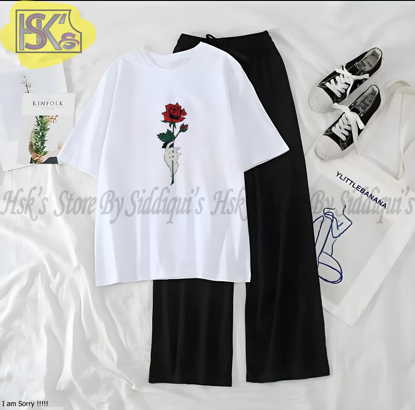 Women’s Graphic Print T-Shirt &amp; Wide Leg Palazzo Lounge Set – Soft Casual Co-Ord Nightwear