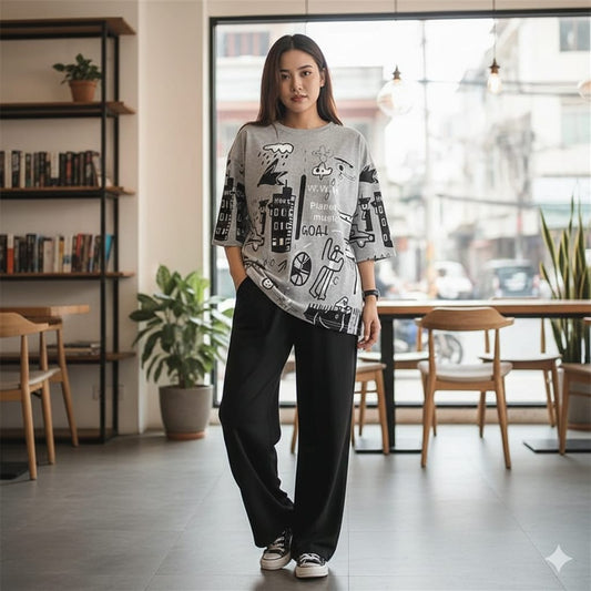 Grey Graphic Printed T-shirt with Sold Black Trouser Dress