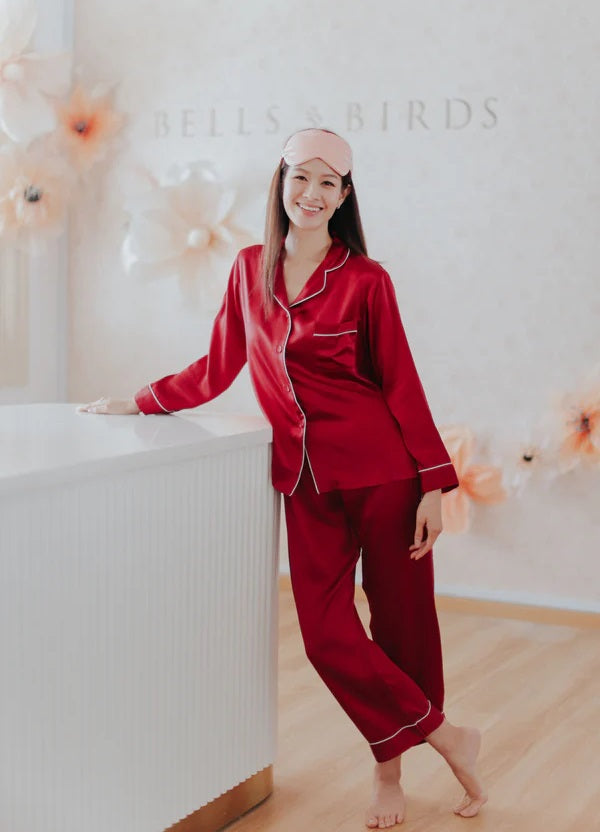 Red Classic White Satin Full Sleeves Night Suit for Women
