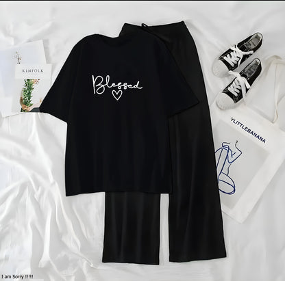 Women’s Graphic Print T-Shirt &amp; Wide Leg Palazzo Lounge Set – Soft Casual Co-Ord Nightwear