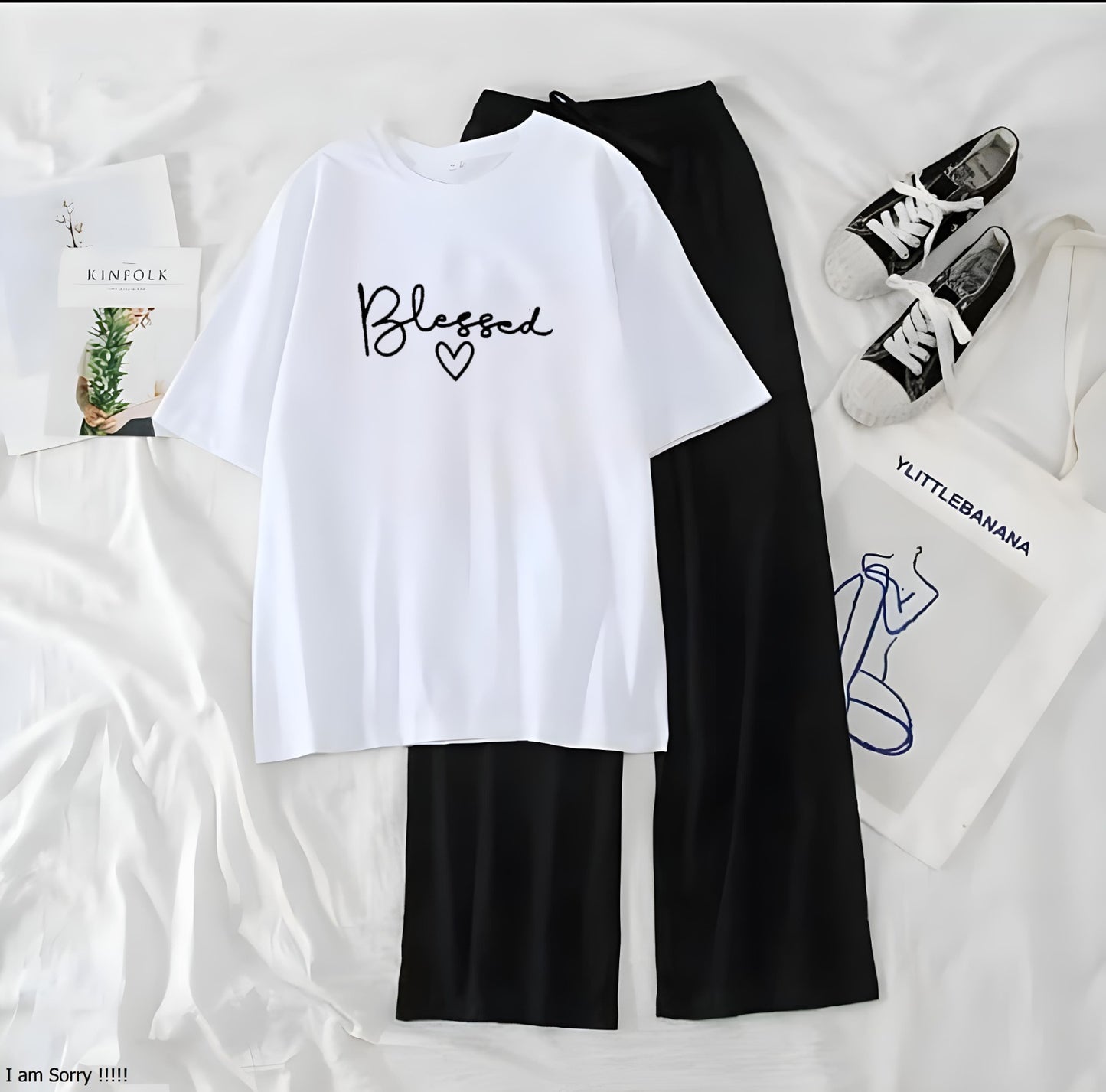 Women’s Graphic Print T-Shirt &amp; Wide Leg Palazzo Lounge Set – Soft Casual Co-Ord Nightwear