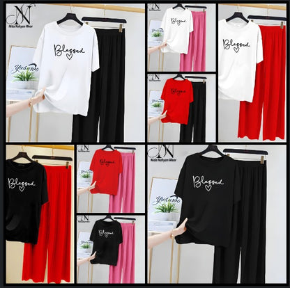 Women’s Graphic Print T-Shirt &amp; Wide Leg Palazzo Lounge Set – Soft Casual Co-Ord Nightwear