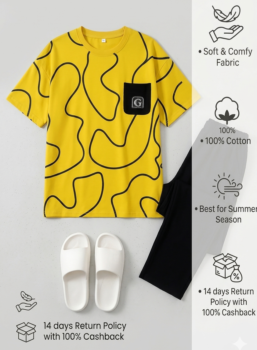 Yellow Premium G Pocket Printed T-shirt With Solid Black Trouser Sportswear Tracksuit