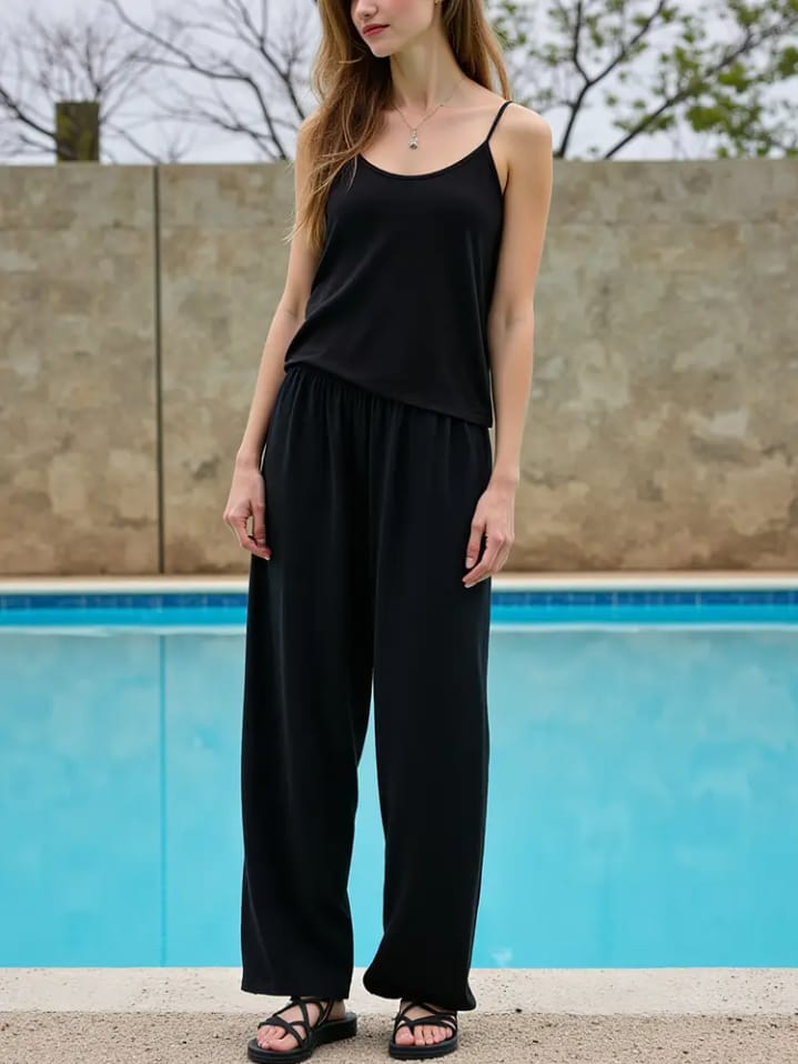 Black Camisole Top With Solid Full Length Black Pajama