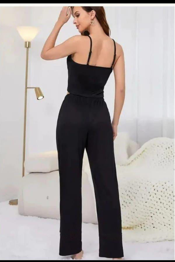 Black Camisole Top With Solid Full Length Black Pajama