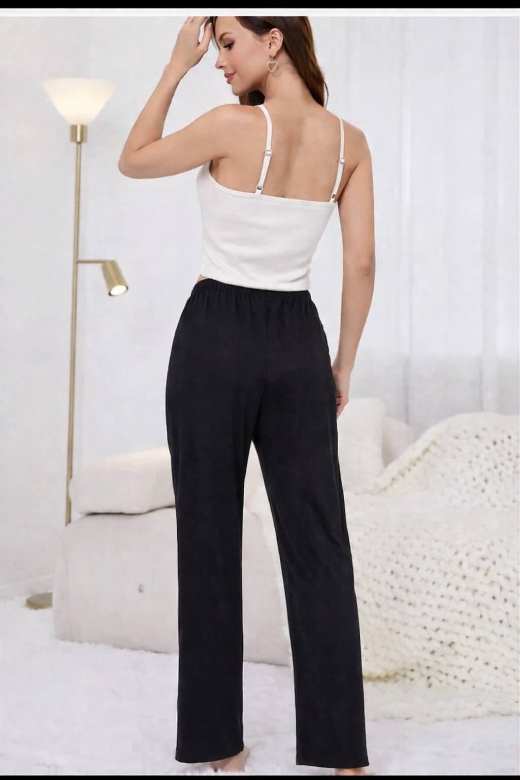 White Camisole Top With Solid Full Length Black Pajama