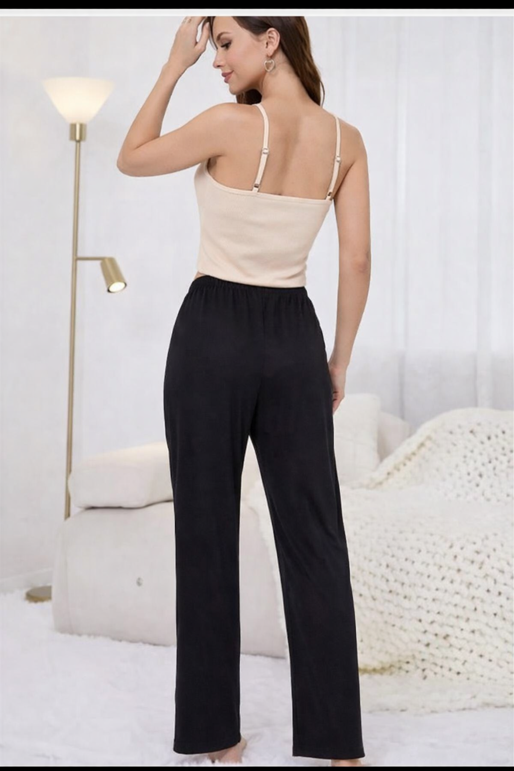 Beige Camisole Top With Solid Full Length Black Pajama