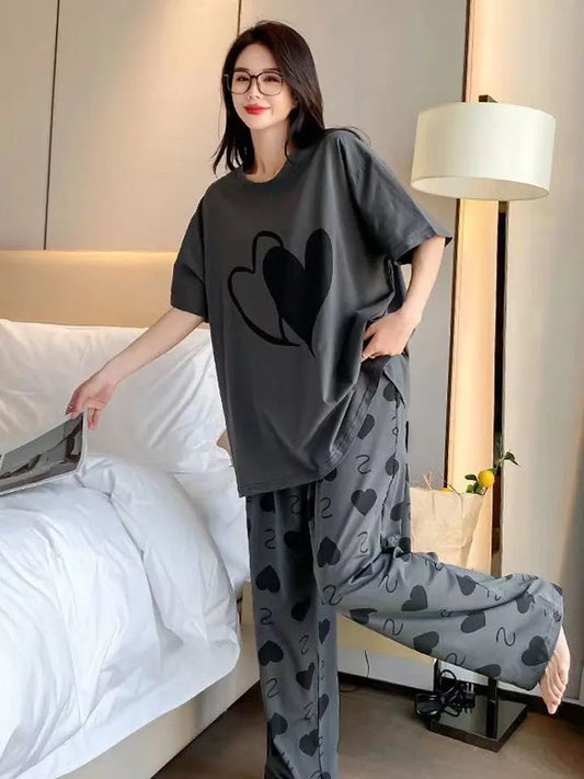 Grey Double Heart Printed Half Sleeves T-shirt with Little Heart Printed Matching Trousers