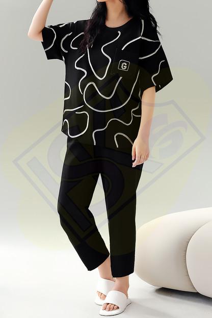 Premium G Pocket Printed T-shirt With Solid Black Trouser Sportswear Tracksuit