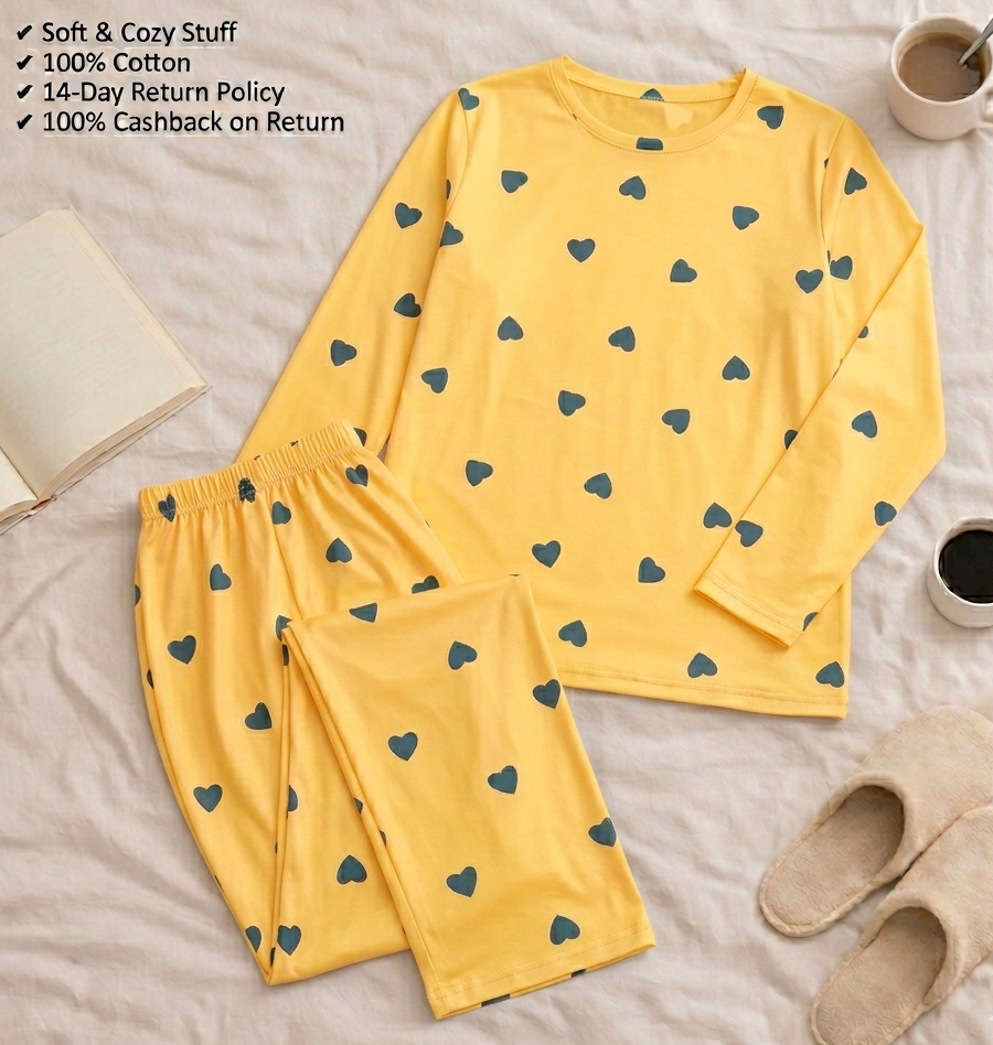 Yellow Little Hear Full Sleeves Matching Night Wear