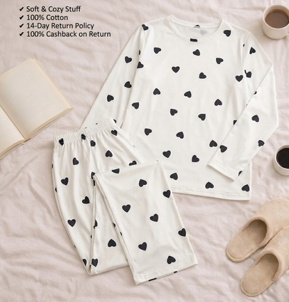 White Little Hear Full Sleeves Matching Night Wear
