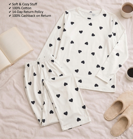 White Little Hear Full Sleeves Matching Night Wear