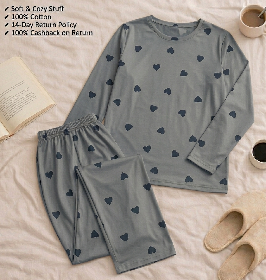Grey Little Hear Full Sleeves Matching Night Wear