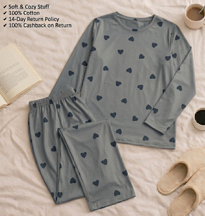 Grey Little Hear Full Sleeves Matching Night Wear
