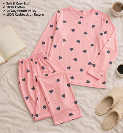 Pink Little Hear Full Sleeves Matching Night Wear