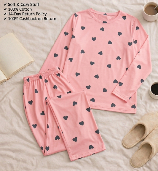Pink Little Hear Full Sleeves Matching Night Wear
