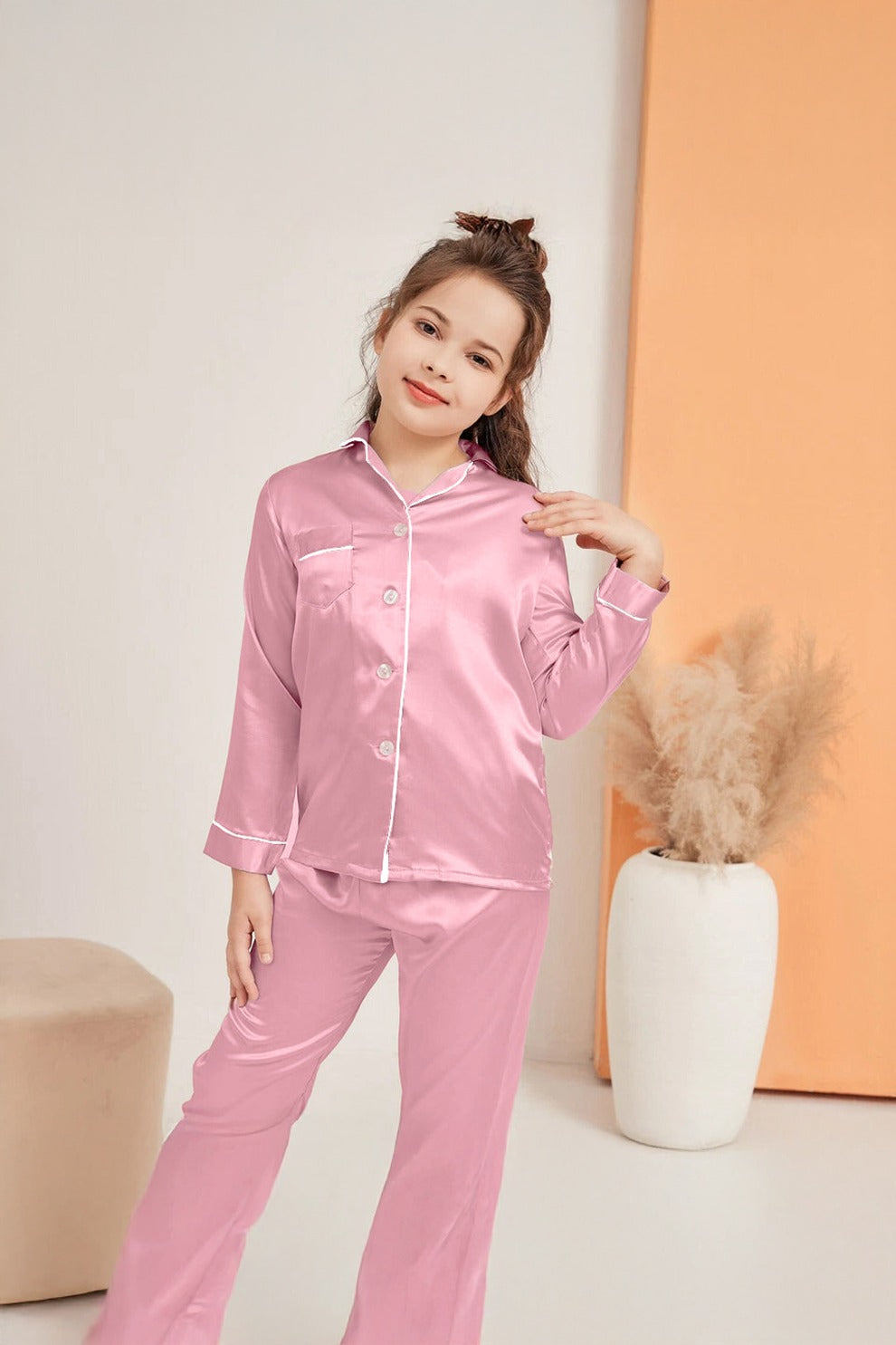Baby Pink Luxury Silk Satin Sleepwear Set for Kids