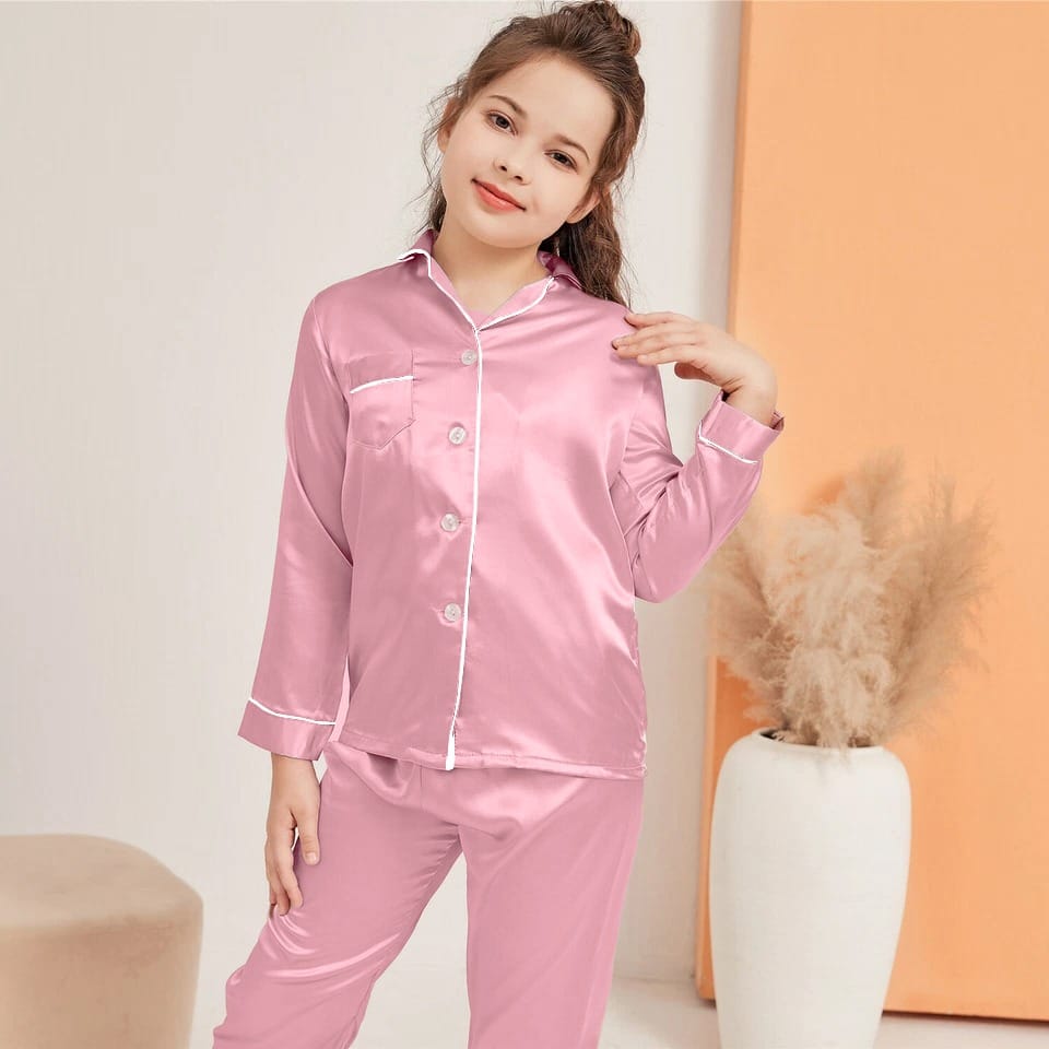 Baby Pink Luxury Silk Satin Sleepwear Set for Kids