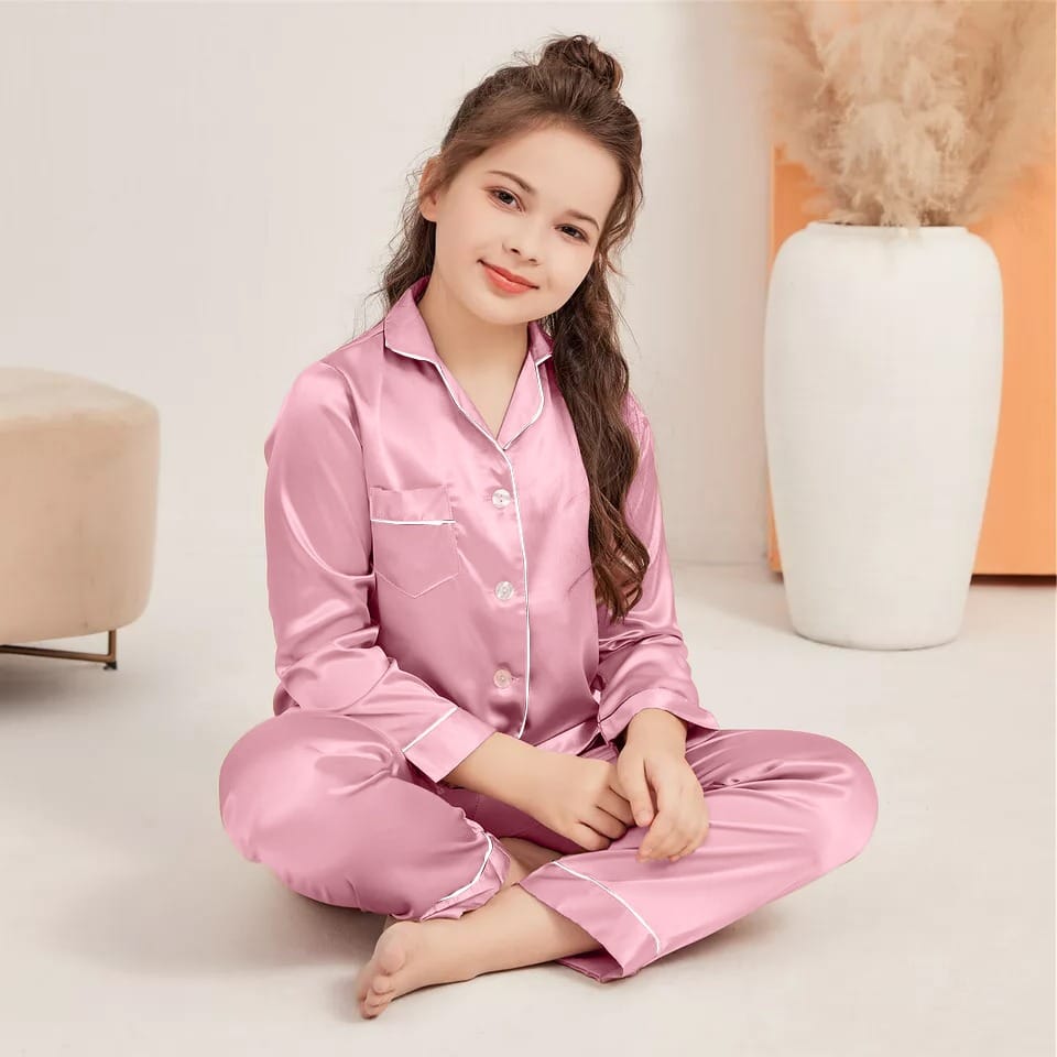 Baby Pink Luxury Silk Satin Sleepwear Set for Kids