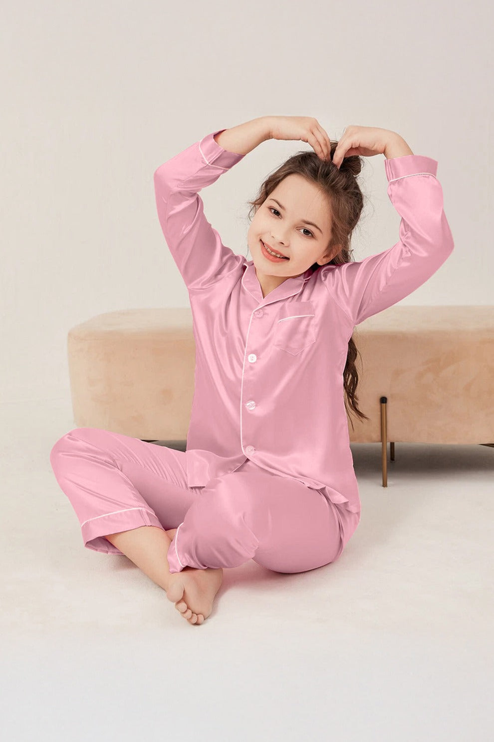 Baby Pink Luxury Silk Satin Sleepwear Set for Kids