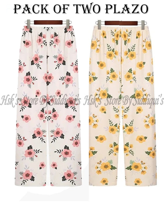 Pack of Two Comfy Casual Pajama Pants Floral Print Drawstring Palazzo Lounge Pants Wide Leg