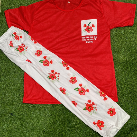 Premium Pocket Style Printed Red T-shirt with White Floral Trouser