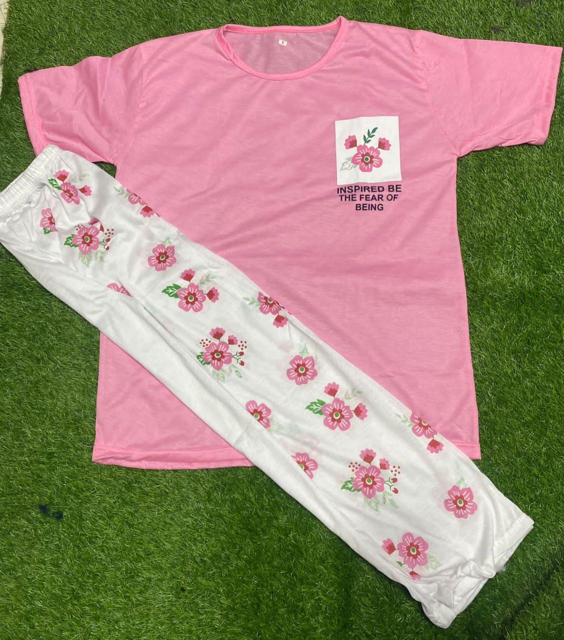 Premium Pocket Style Printed Pink T-shirt with White Floral Trouser
