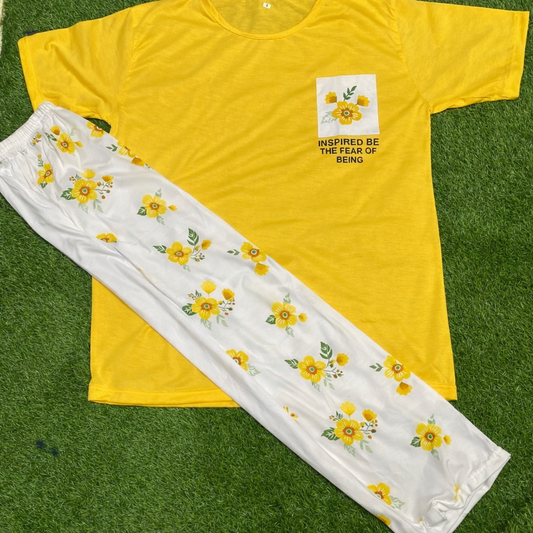 Premium Pocket Style Printed Yellow T-shirt with White Floral Trouser