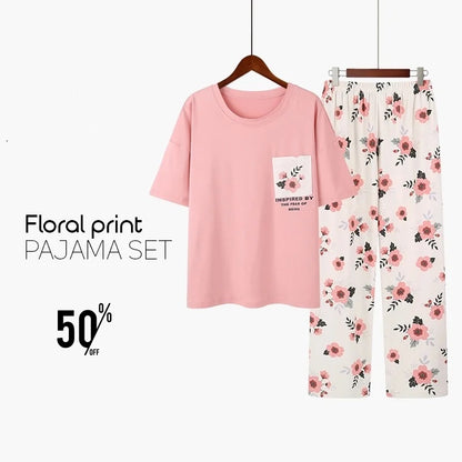 Premium Pocket Style Printed Pink T-shirt with White Floral Trouser