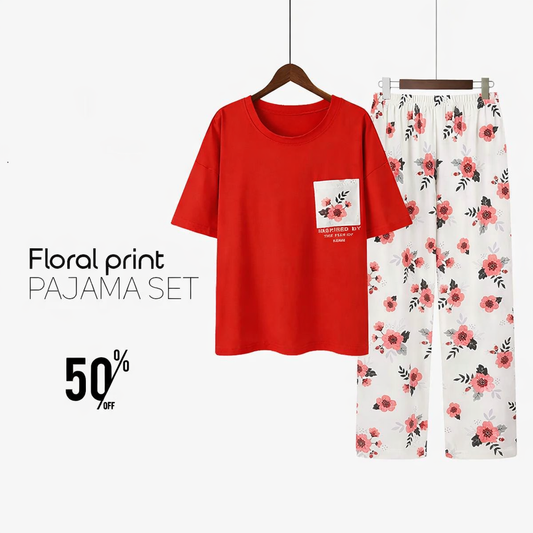 Premium Pocket Style Printed Red T-shirt with White Floral Trouser
