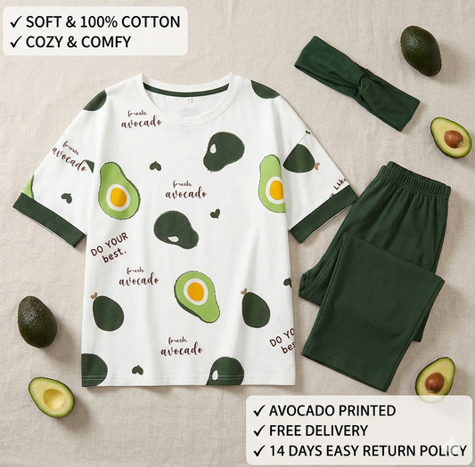 Avocado Printed Nighty Soft cotton Night Wear for Women & Girl Night suit Sleeping Dress Girls Sleepwear Premium Loungewear Sleeping Suit lingerie T-shirt and Pajama,