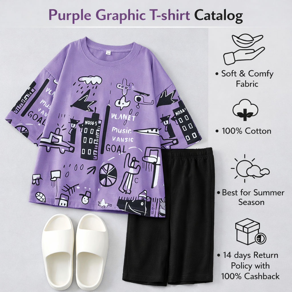 Purple Graphic Printed T-shirt with Sold Black Trouser Dress