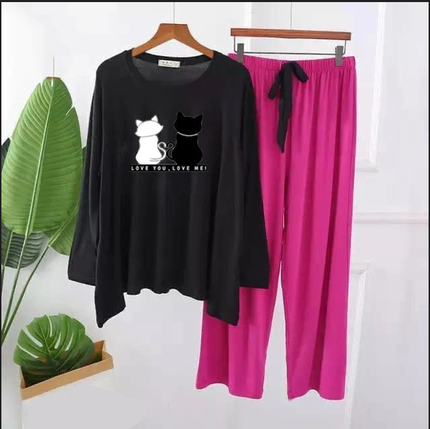 2-Cat Graphic Long Shirt and trouser Night Wear