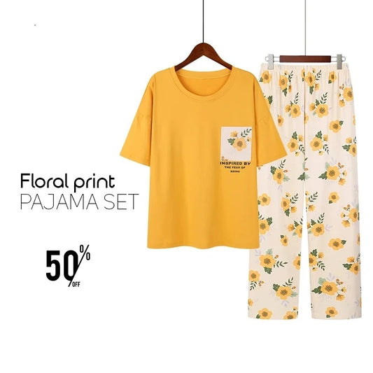 Premium Pocket Style Printed Yellow T-shirt with White Floral Trouser