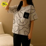 Nightwear Gym Suit Top | Soft & Comfortable 2-Piece Set | Stylish Printed T-Shirt with Black Pants for Girls - Image 3