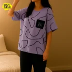 Nightwear Gym Suit Top | Soft & Comfortable 2-Piece Set | Stylish Printed T-Shirt with Black Pants for Girls - Image 4